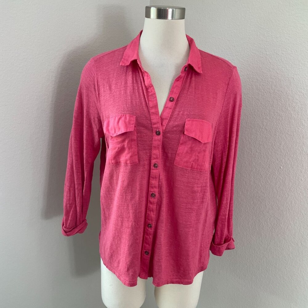 Sigrid Olsen Womens Medium Pink 100% Linen Button Up Shirt 3/4 Sleeve Top